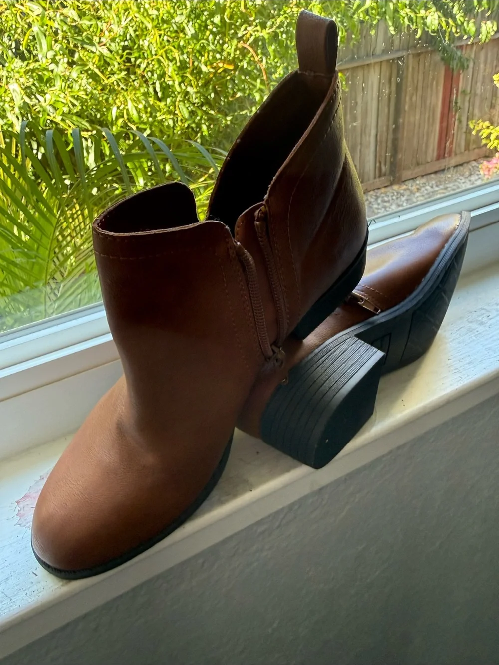 Sun + Stone Tan Leather-Look Ankle Booties with Side Zipper